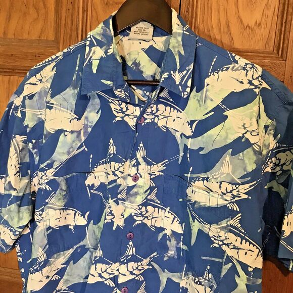 Rum Reggae Hawaiian Shirt Men L Blue Batik Swordfish All Over Print SS Button Up - Picture 2 of 9